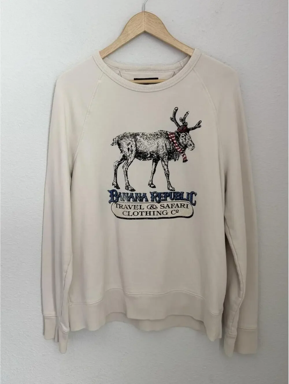 Banana Republic Men’s Sz L Lightweight Moose Crewneck Sweatshirt Cream